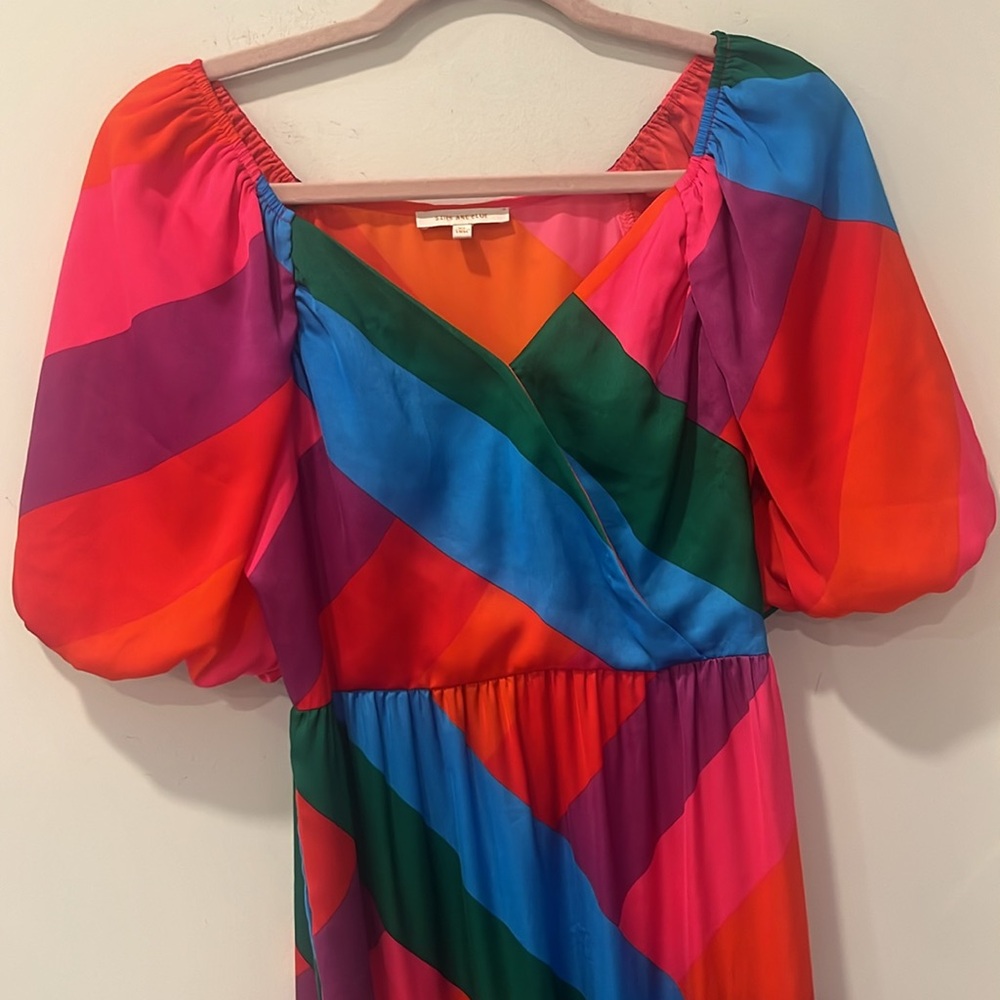 Skies Are Blue Bold Colorful Tiered Maxi Dress Puff Sleeve faux wrap size XS - Picture 4 of 8